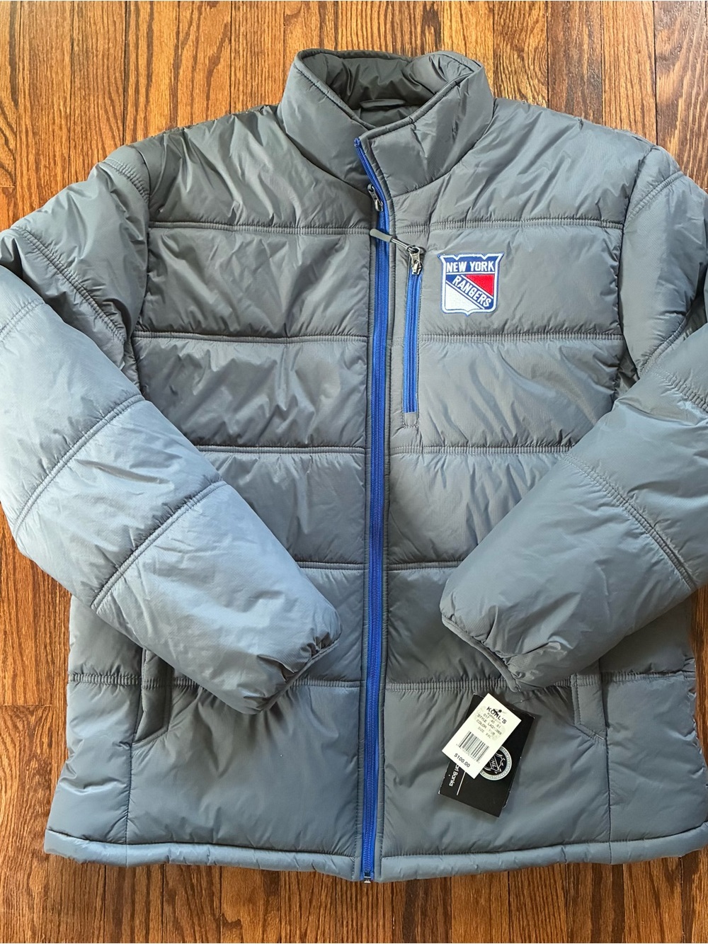 Men's XXL Gray Puffer Jacket Blue Trim - New York NY Rangers Hockey NWT